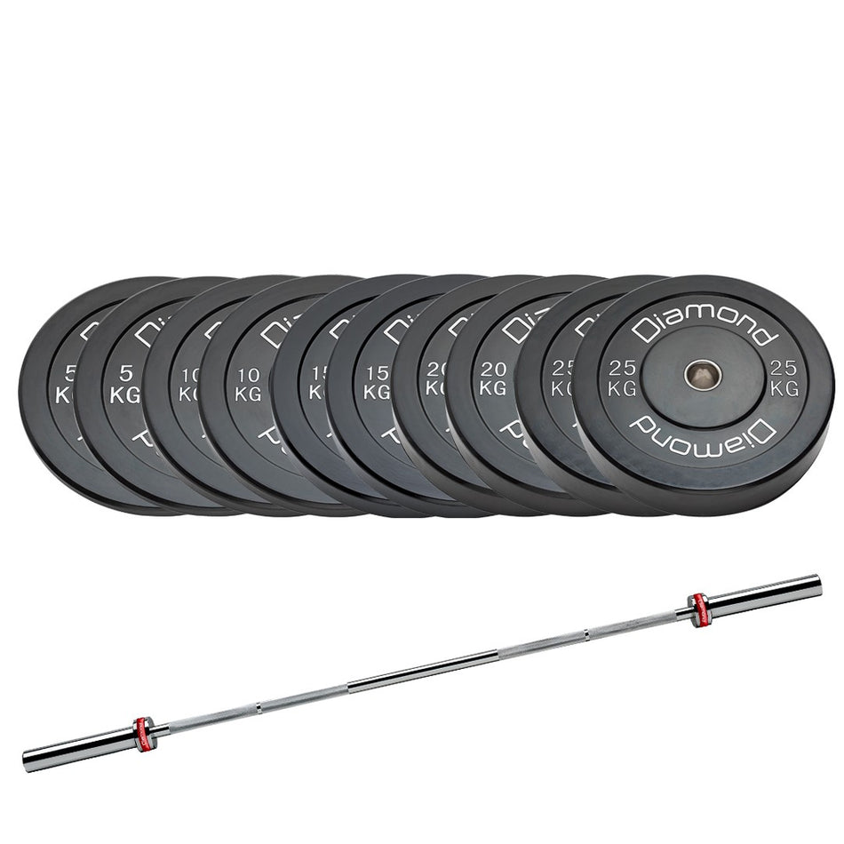 Set 150 kg Dischi bumper Diamond Professional foro 50 mm + bilanciere 220 cm olimpico