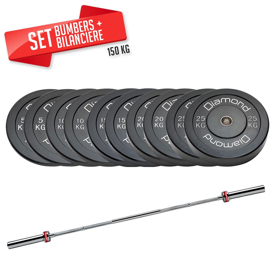 Set 150 kg Dischi bumper Diamond Professional foro 50 mm + bilanciere 220 cm olimpico