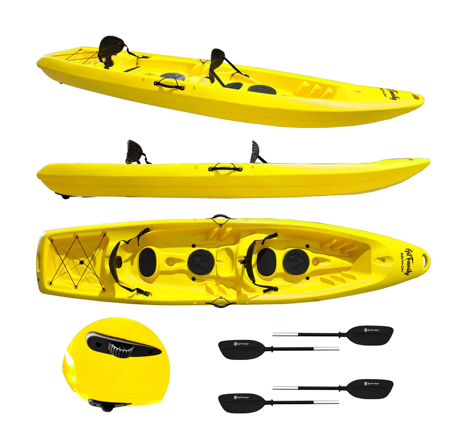 kayak da mare e lago 3 posti modelli GIL FAMILY, inclusi 2 sedili e 2 pagaie e ruote di trasporto col. ARANCIO