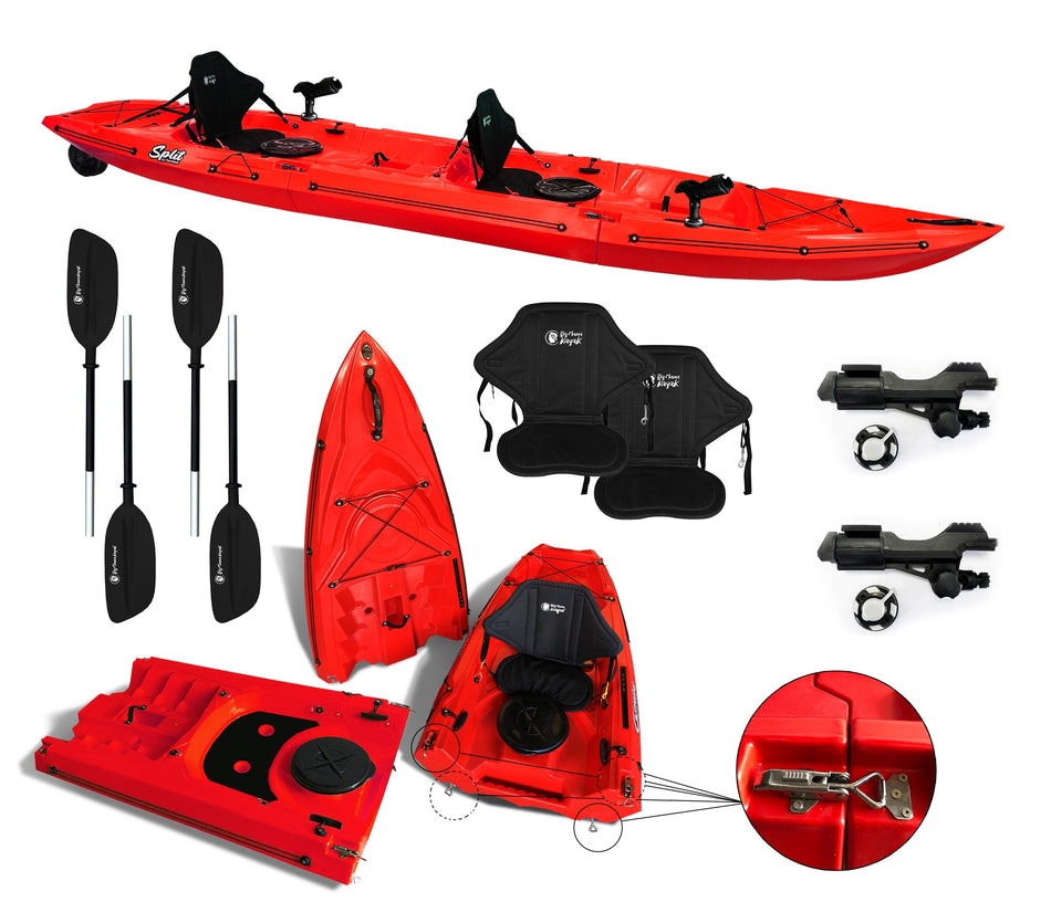 kayak componibile Split 2 Fishing Big Mama kayak, canoa biposto modulare, si monta in 30 secondi, 2 portacanne (rosso)